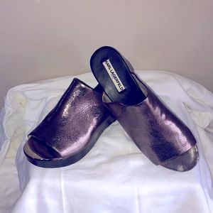 Karl Lagerfeld Paris bronze peep toe mules
